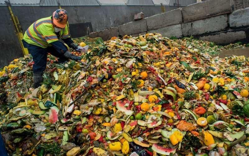 A sanitation or industrial composting worker wearing a hard hat, face mask, and high-visibility vest stands atop a massive pile of organic food waste, sorting through discarded fruits and vegetables.
