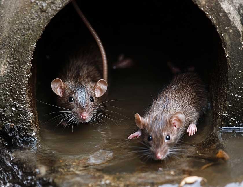 Two brown rats looking out from the opening of a dark, wet drainage pipe.