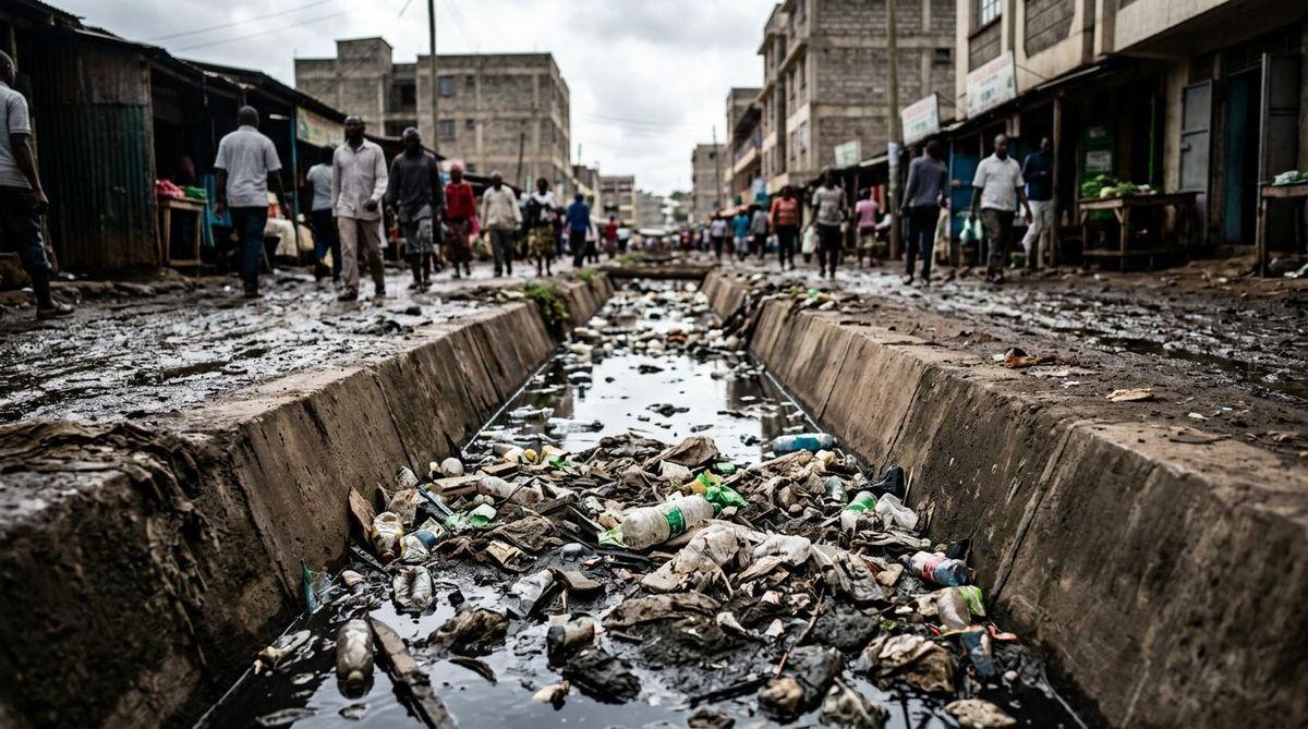 A low-angle shot of a concrete street drainage channel heavily clogged with plastic bottles and garbage, running through a busy urban market street filled with pedestrians.