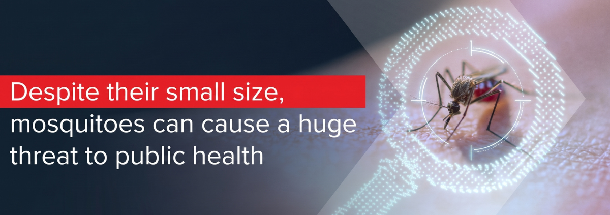 Infographic highlighting a mosquito through a digital magnifying icon alongside text about the public health risks of mosquitoes.