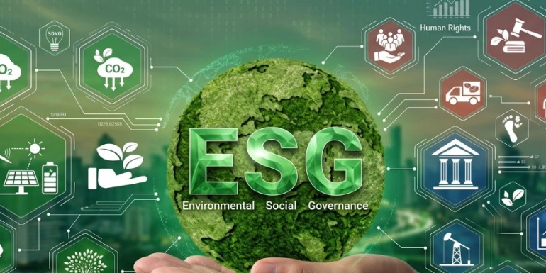 A close-up of a person's hand cradling a green, moss-covered model globe displaying the letters "ESG" (Environmental, Social, Governance), surrounded by connected digital icons of renewable energy, corporate structure, and social responsibility against a blurred city background.