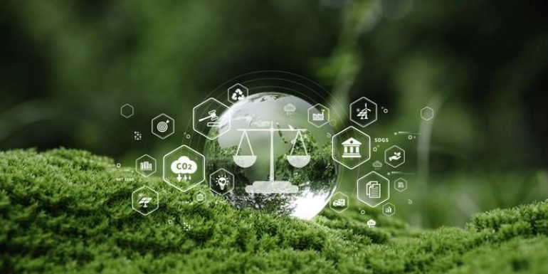 A transparent glass globe with a scales of justice icon rests on a bed of green moss, surrounded by digital sustainability and environmental icons.