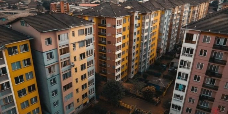 An aerial view of closely packed, multi-story apartment buildings painted in various pastel and earthy colors with dark, sloped roofs.