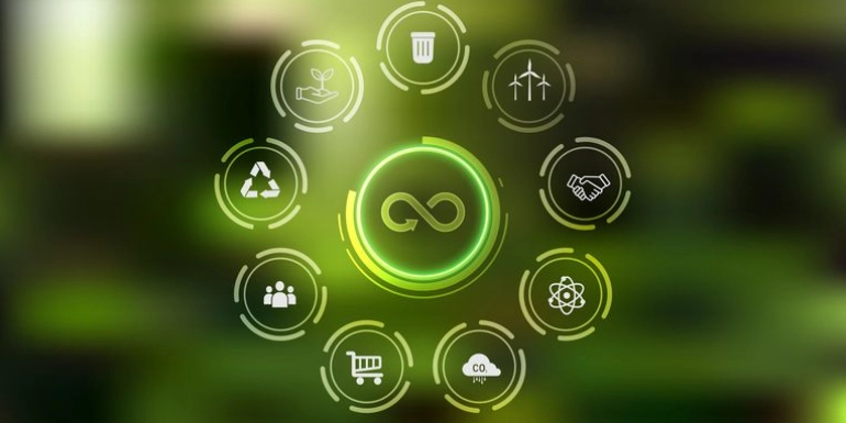 An infographic on a blurred green background featuring a central infinity loop symbol surrounded by eight smaller icons representing sustainability, recycling, and community.