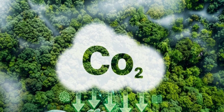 An aerial view of a dense green forest canopy with a white cloud graphic overlay containing the text "CO2" and downward-pointing arrows, symbolizing carbon absorption.